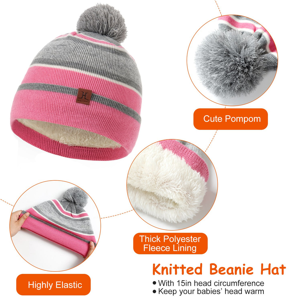 Striped kids beanie with pompom, neck warmer and gloves