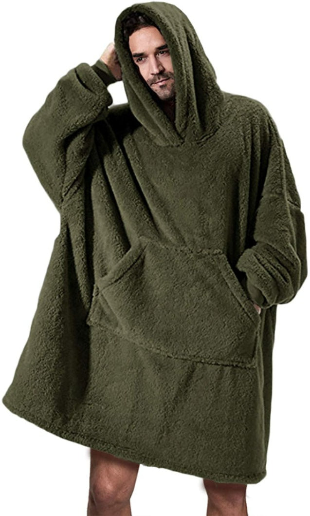 Person wearing oversized plush blanket hoodie