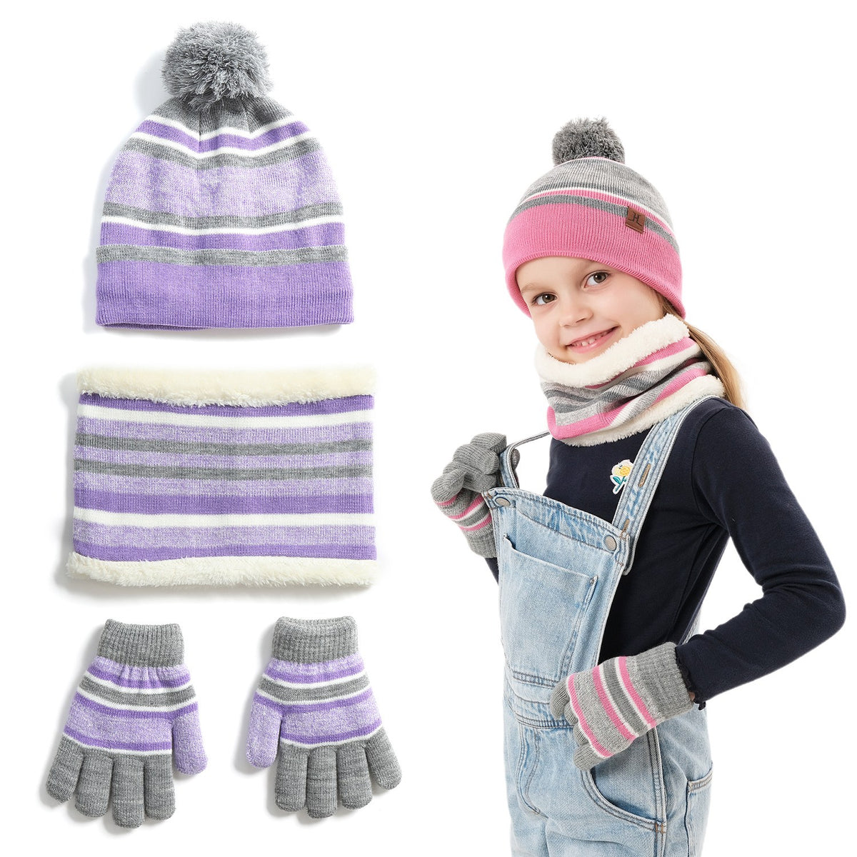 Striped kids beanie with pompom, neck warmer and gloves