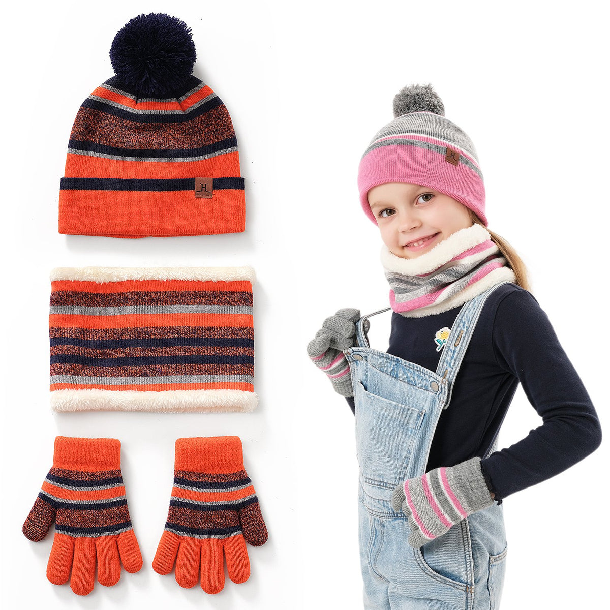 Striped kids beanie with pompom, neck warmer and gloves