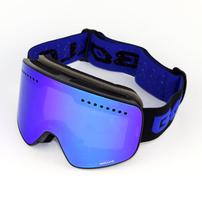 Black frameless ski goggles with blue mirror lens