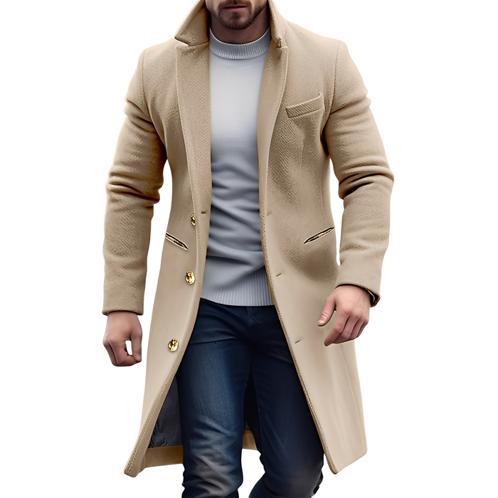 Men's Long Wool Trench Coat with Notch Collar