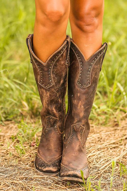 Women's Western Cowboy Boots Knee-High with Stud Detail