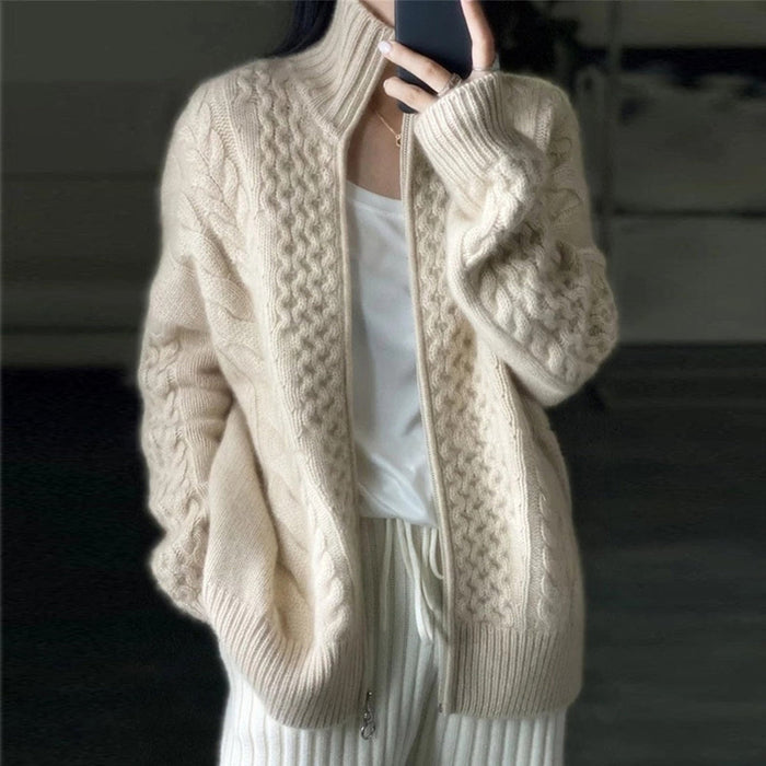 Women's Cable-Knit Cardigan with High Neckline