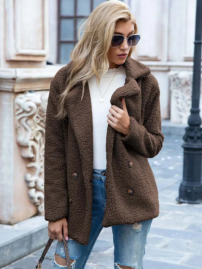 Women's Textured Teddy Blazer Jacket with Notch Lapel