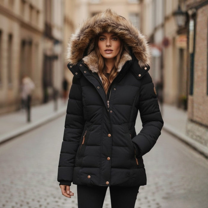 Women's Quilted Puffer Jacket with Faux Fur Hood