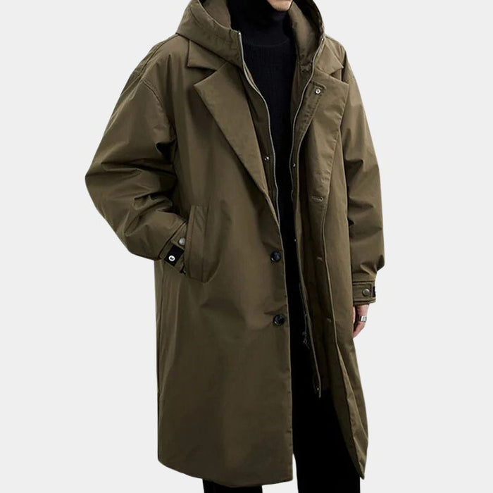 Men's Hooded Layered Trench Coat with Zip Insert