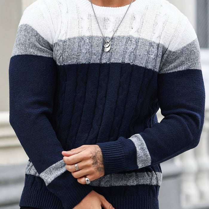 Men's Cable-Knit Crew Neck Sweater Colorblock Design