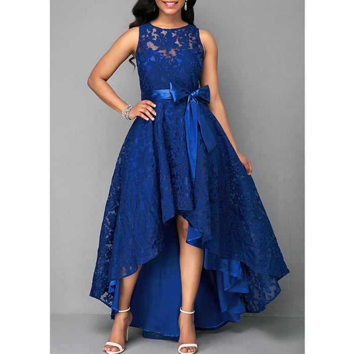 Women's Lace High-Low Dress with Illusion Neckline