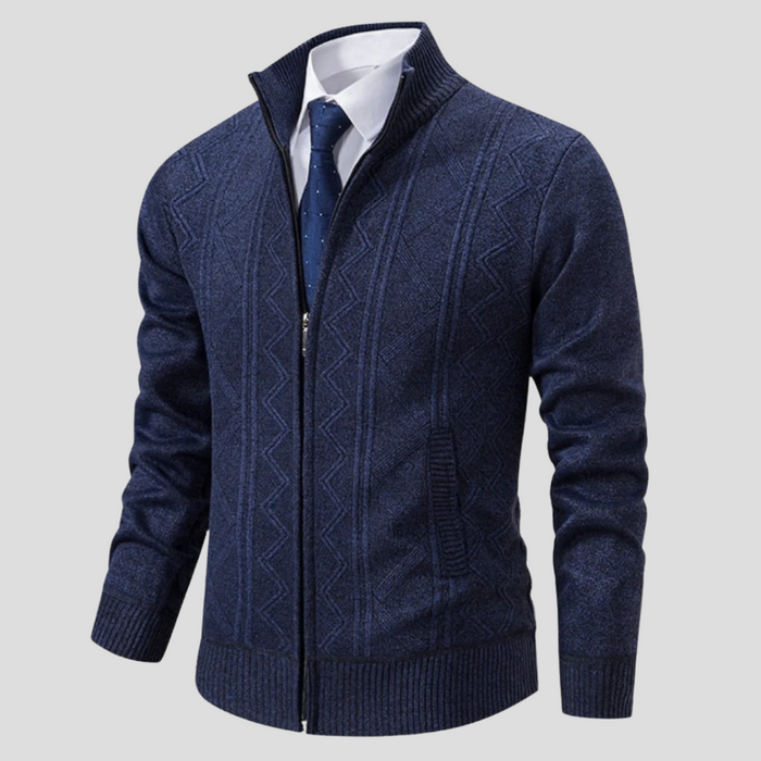 Men's Zip-Front Cardigan with Stand Collar and Textured Knit