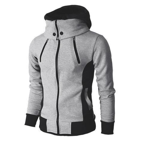 Man wearing slim gray zip hoodie jacket