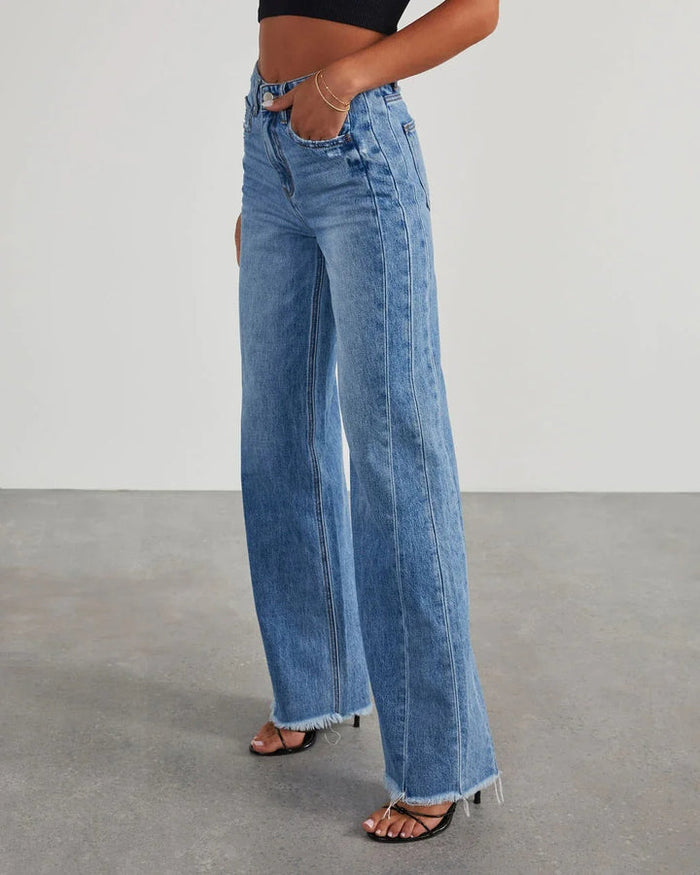 Women's Wide-Leg Jeans with Mid-Rise and Frayed Hem