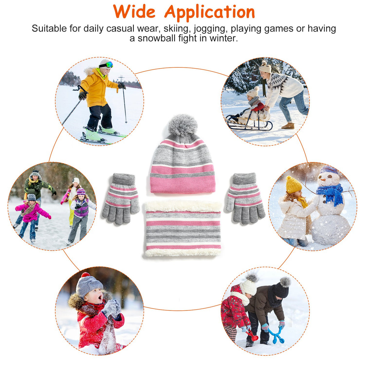 Striped kids beanie with pompom, neck warmer and gloves