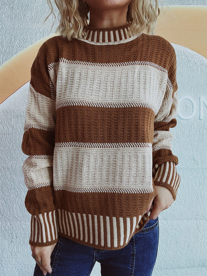 Women's Striped Ribbed Sweater Crew Neck Relaxed Fit