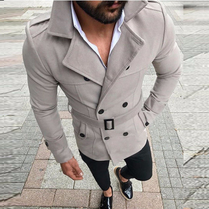 Men's Double-Breasted Trench Coat with Belt and Hooded Collar