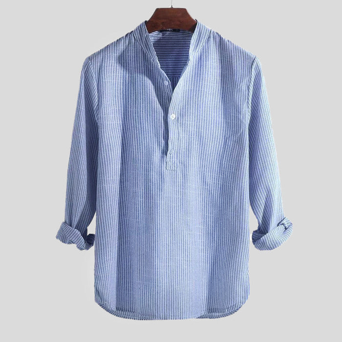 Men's Striped Band Collar Henley Shirt Long Sleeve