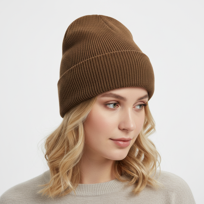 Women's Ribbed Knit Beanie with Fold-Up Cuff
