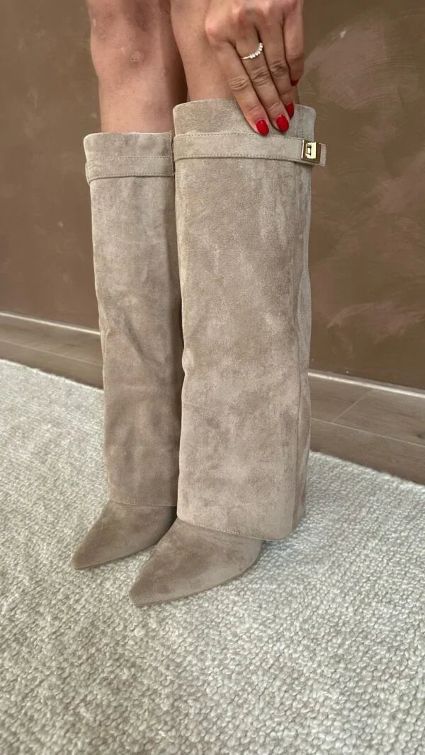 Women's Knee-High Boots with Pointed Toe and Wedge Heel