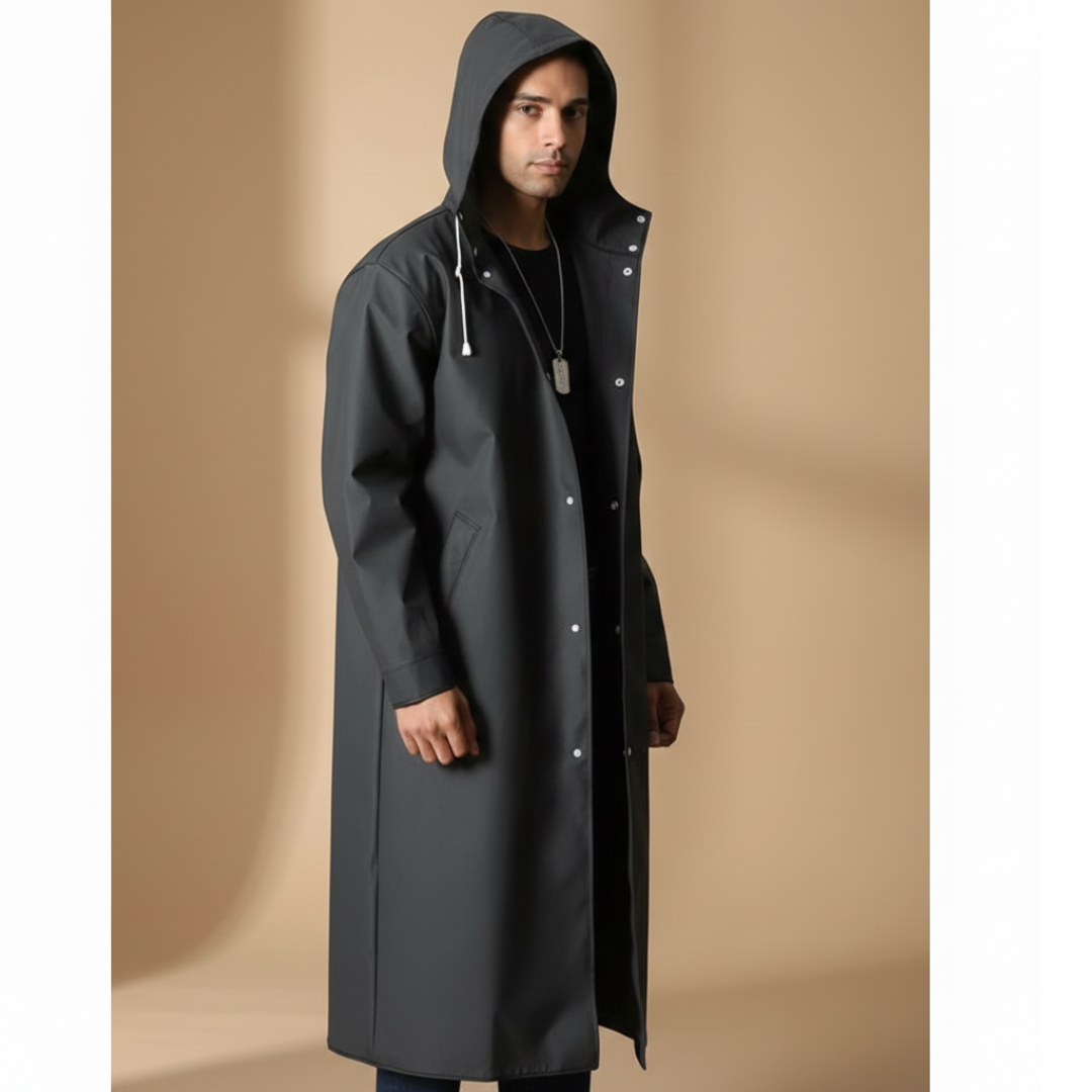 Men's hooded raincoat with adjustable drawcord, full front closure Men's hooded raincoat with adjustable drawcord, full front closure