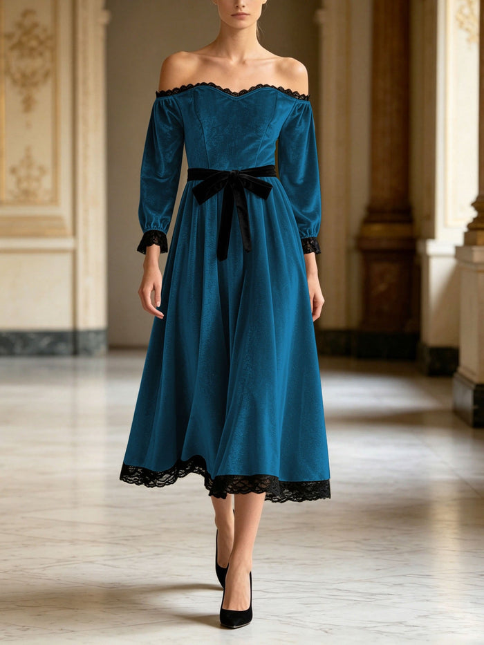 Women's Off-Shoulder Midi Dress with Lace Trim and Tie Waist