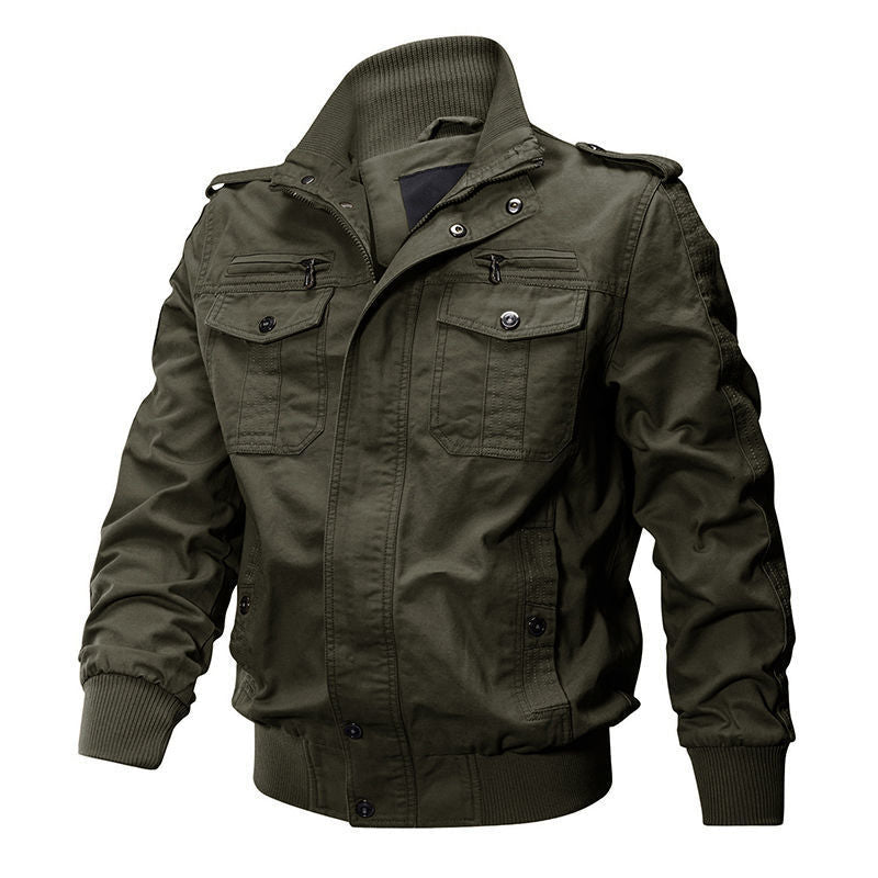 Men's Canvas Field Jacket Stand Collar Zipper Front - Multi-Pocket