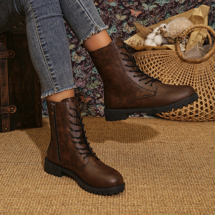 Women's Lace-Up Combat Boots Side Zip Lug Sole