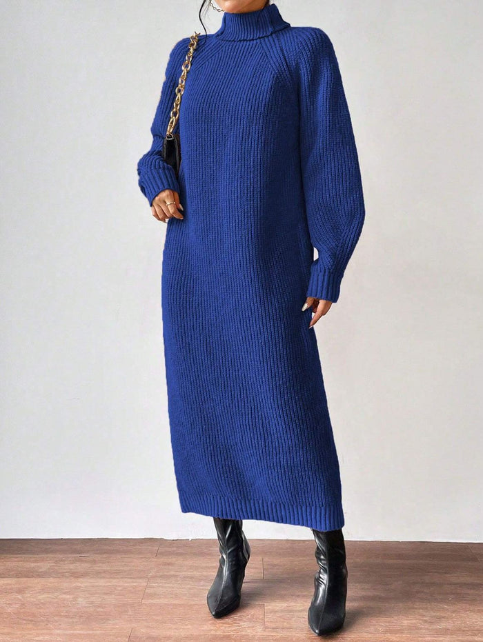 Women's Ribbed High-Neck Midi Dress Long Sleeve