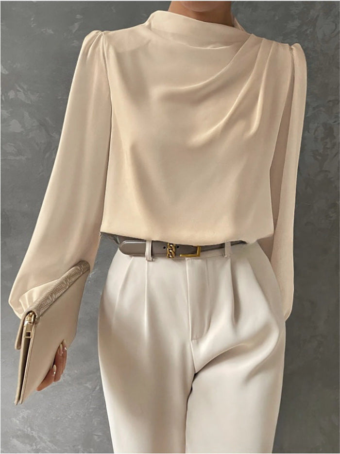 Women's Draped Long-Sleeve Blouse with Pleated Shoulders
