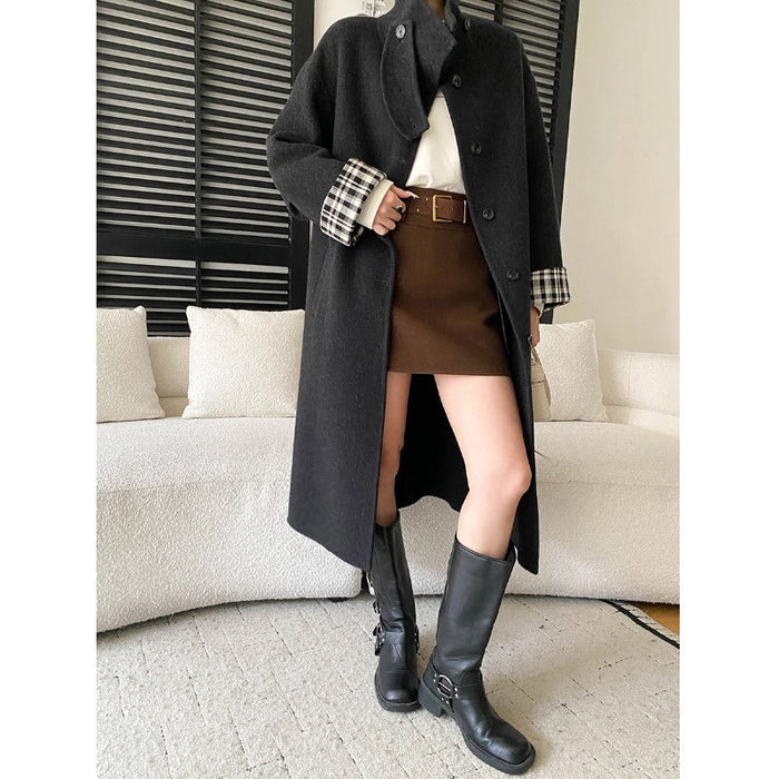 Women's Longline Wool Coat with High Collar and Button Front
