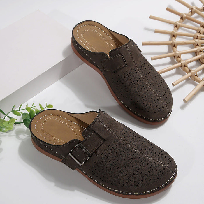 Women's Perforated Slip-On Mules with Buckle and Cushioned Insole