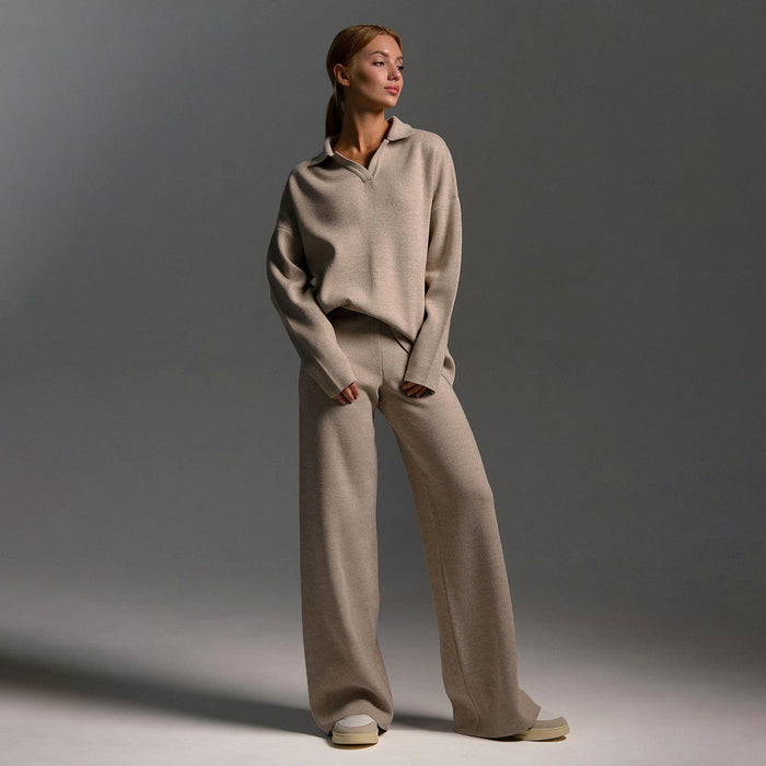 Women's Wide-Leg Lounge Set with Polo Sweater