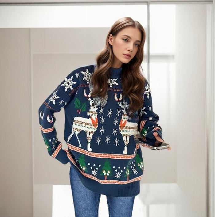 Women's Holiday Sweater with Reindeer Snowflake Festive