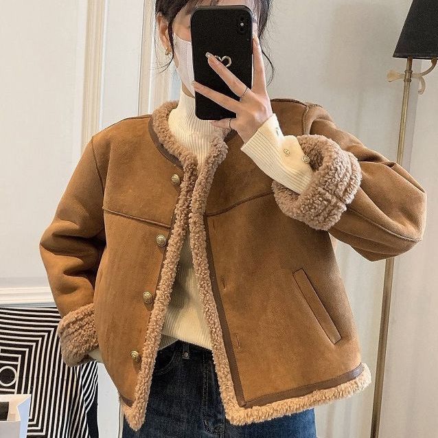 Women's Shearling Jacket with Button Front and Sherpa Trim
