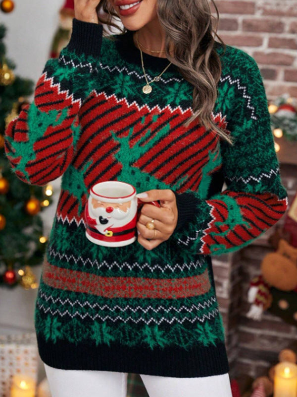 Women's Christmas Pullover with Festive Pattern and Mock Neck