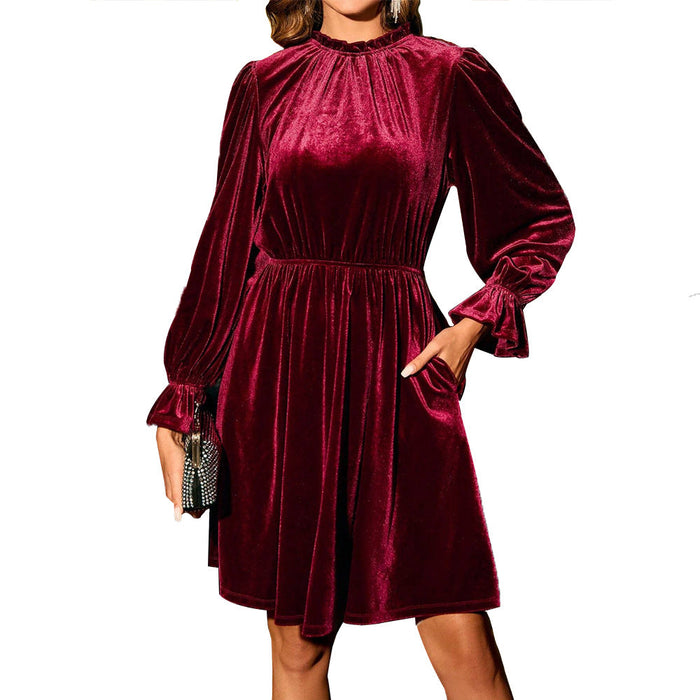Women's Velvet Evening Dress with Puff Sleeves