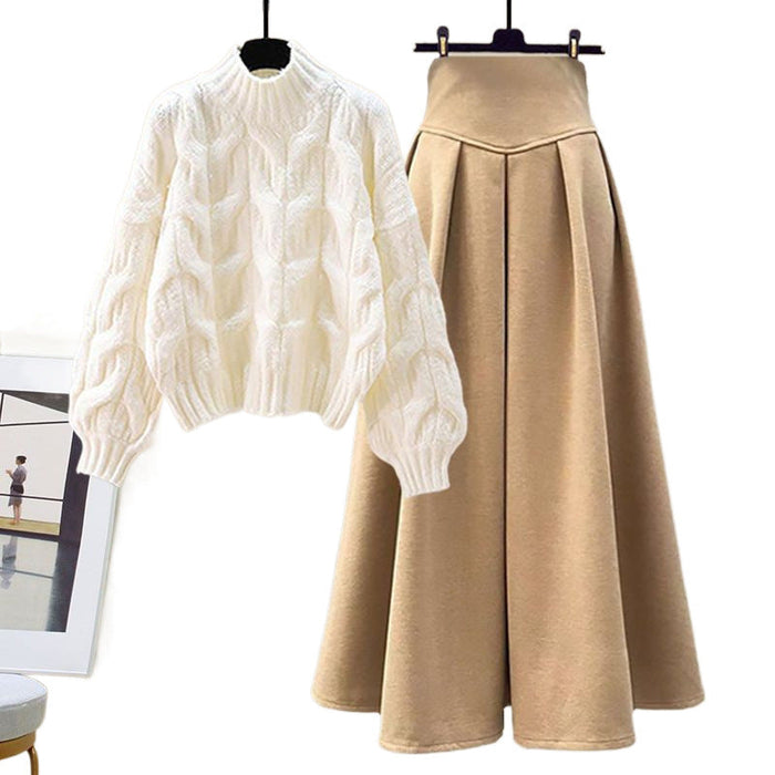 Women's Cable Knit Sweater and Pleated Skirt Two-Piece Set
