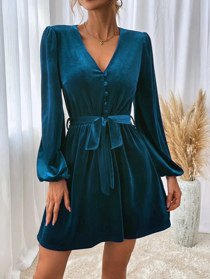 Women's Velvet Mini Dress with V-Neck and Tie Waist