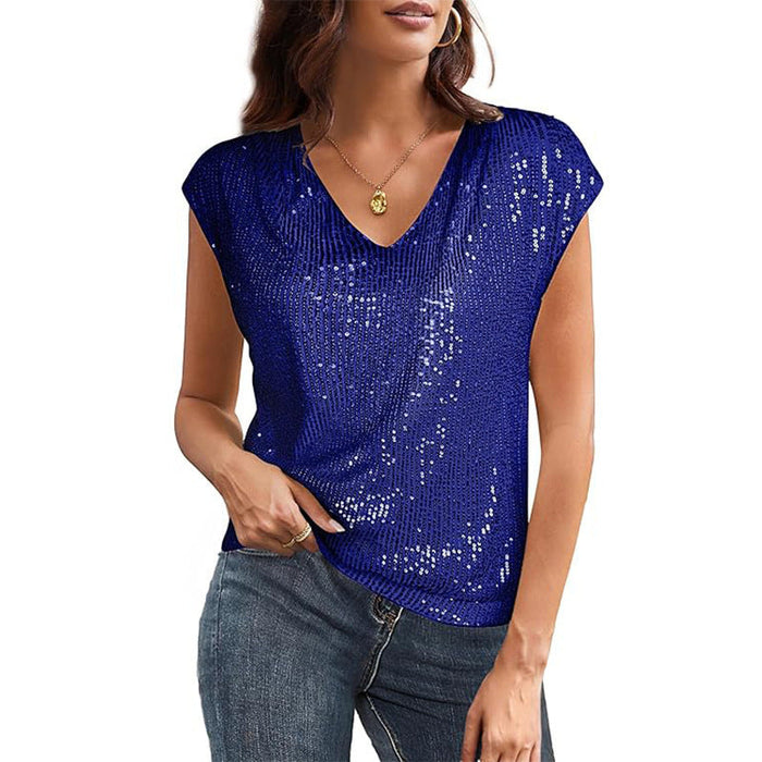 Women's Sequin V-Neck Cap Sleeve Top for Evening