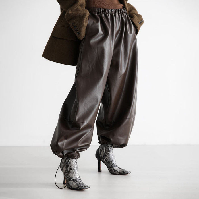 Women's Faux Leather Joggers with Elastic Waist