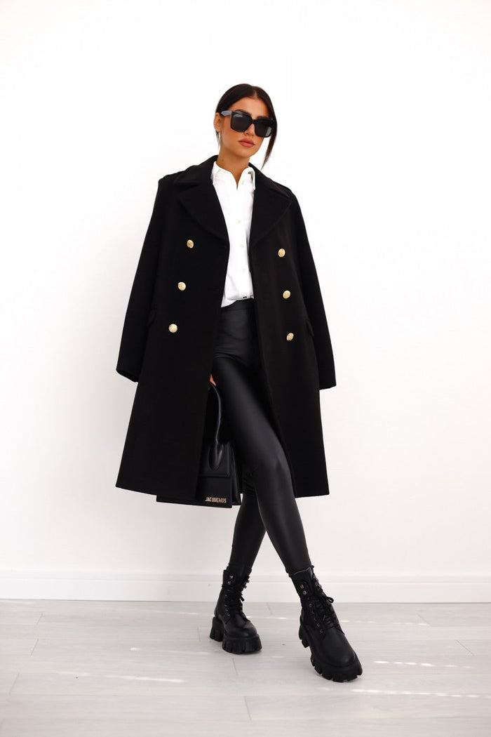 Women's Double-Breasted Wool Coat with Gold Buttons
