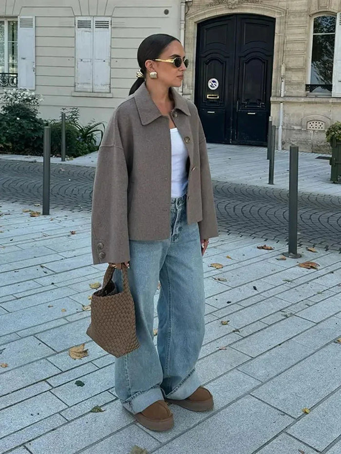 Women's Oversized Collared Shirt Jacket with Button Front