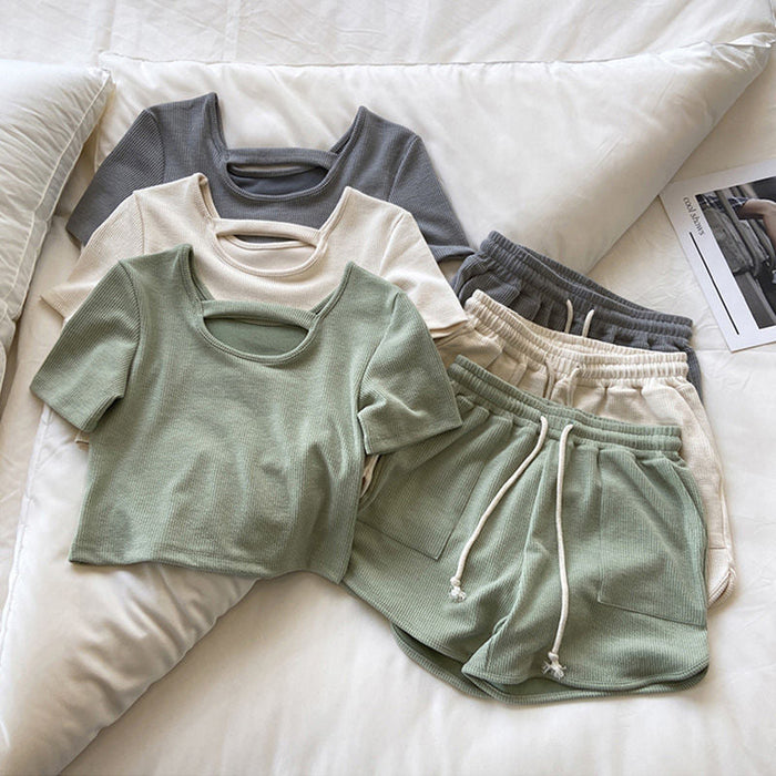 Women's Lounge Set Ribbed Short Sleeve Top and Shorts