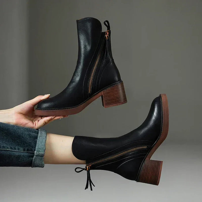 Women's Ankle Boots with Side Zipper and Block Heel