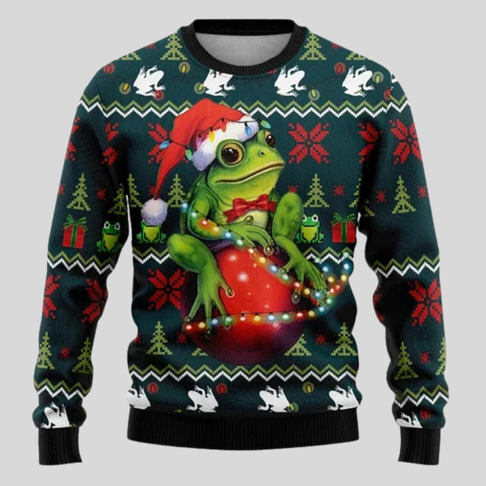 Men's Festive Frog Christmas Sweater Long Sleeve Crew Neck