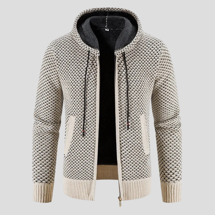 Men's Textured Cardigan Sweater with Full Zip and Hood