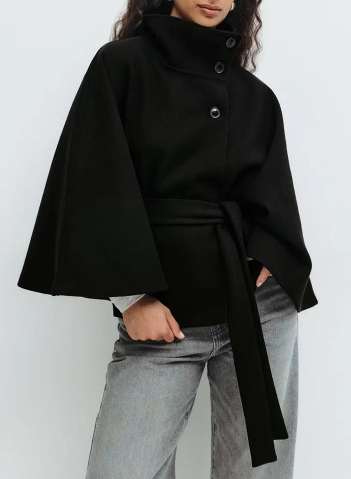Women's Cape Coat with Belt and Stand Collar