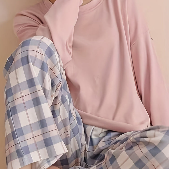 Women's Plaid Two-Piece Pajama Set Long Sleeve Relaxed Fit