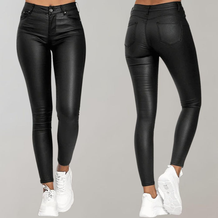 Women's Coated Skinny Trousers with Button Front Closure