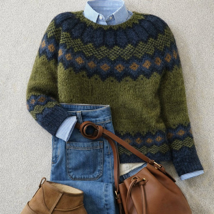 Women's Fair Isle Crew Neck Sweater Olive Green Navy