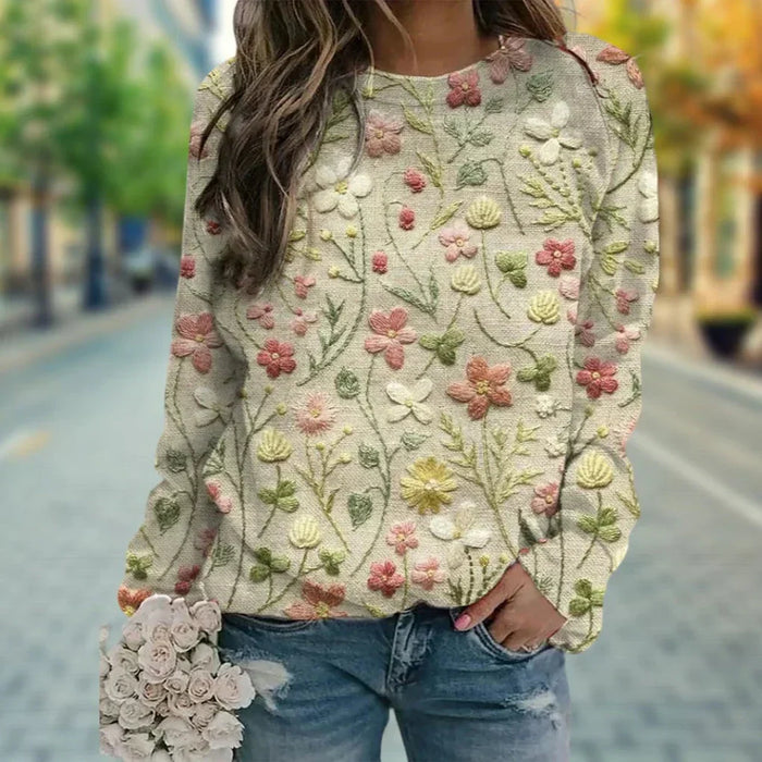 Women's Embroidered Floral Crew Neck Sweater Relaxed Fit